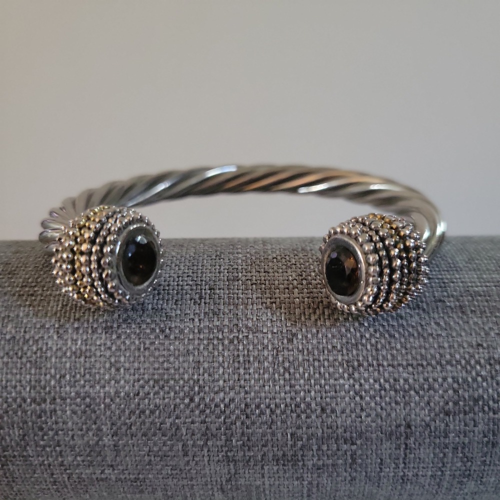 Vintage Twisted Cable Cuff Bracelet Silver‎ Tone Black Stone Size 7 Gothic 90s